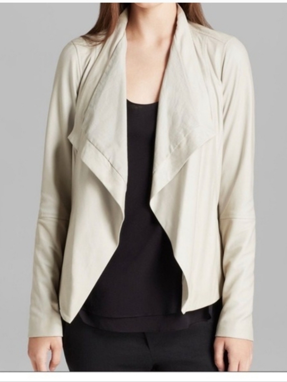 Vince Light Beige Open-Front Draped Leather Jacket (S)